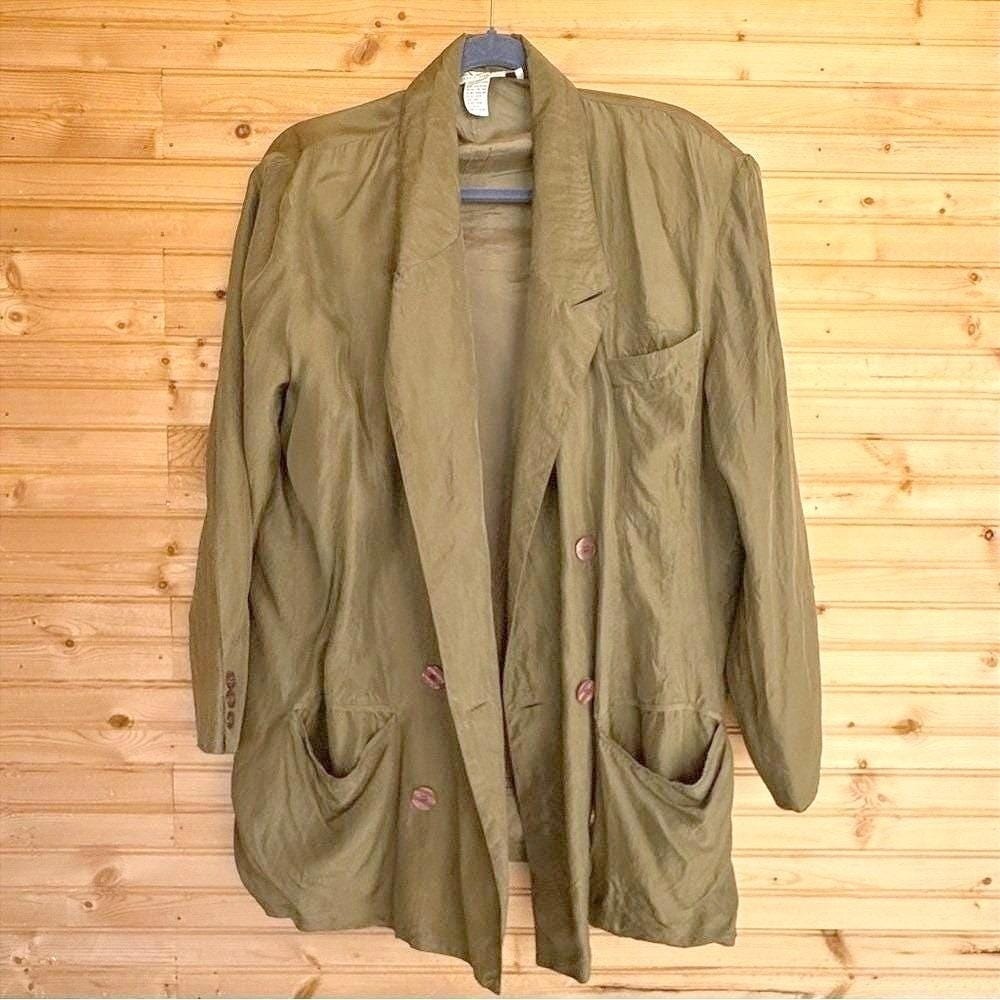 VTG 80s Azia Blazer Olive Green Silk Small Lagenlook Oversized Office Dallas